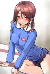 Rule 34 | 1girl, alternate costume, arm support, blue sash, blue skirt, blush, breasts, brown hair, cleavage, collared shirt, commentary request, idolmaster, idolmaster cinderella girls, kindergarten uniform, looking at viewer, medium breasts, mifune miyu, minori (m-noir), name tag, partial commentary, red eyes, sash, shirt, skirt, solo, twintails