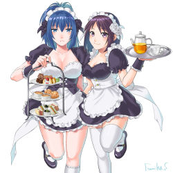 Rule 34 | 2girls, apron, blue eyes, blue hair, bread, bread slice, breasts, brown hair, cake, cake slice, cleavage, cuffs, cup, custard, dress, expressionless, food, highres, kettle, large breasts, leona heidern, looking at viewer, maid, maid apron, maid headdress, medium breasts, muffin, multiple girls, plate, purple eyes, sakura mafumi, sandwich, saucer, short hair, smile, snk, teacup, the king of fighters, thighhighs, tiered tray, whip (kof), white background, zettai ryouiki