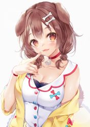 Rule 34 | 1girl, absurdres, blush, bone hair ornament, braid, breasts, brown eyes, brown hair, choker, cleavage, closed mouth, dog girl, double bun, hair bun, hair ornament, hand up, highres, hololive, inugami korone, inugami korone (1st costume), jacket, large breasts, long hair, looking away, mugika, open clothes, open jacket, red choker, shirt, simple background, solo, twin braids, upper body, virtual youtuber, white background, white shirt, yellow jacket
