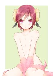 Rule 34 | androgynous, blush, collarbone, flat chest, gender request, green background, horns, looking at viewer, pink eyes, red hair, short hair, simple background, solo