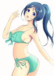 Rule 34 | 1girl, absurdres, artist name, artist request, bare legs, bikini, blue hair, blush, bow, bowtie, breasts, cleavage, female focus, floating hair, front-tie bikini top, front-tie top, green bikini, green bow, hair between eyes, high ponytail, highres, long hair, looking at viewer, love live!, love live! sunshine!!, matsuura kanan, medium breasts, parted lips, ponytail, purple eyes, side-tie bikini bottom, sideboob, smile, solo, swimsuit, wavy hair, white background