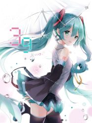 Rule 34 | 1girl, 39, aqua hair, asahi kuroi, bad id, bad pixiv id, boots, detached sleeves, from side, green eyes, hatsune miku, highres, long hair, necktie, rain, revision, skirt, solo, thigh boots, thighhighs, transparent, transparent umbrella, umbrella, very long hair, vocaloid, white background