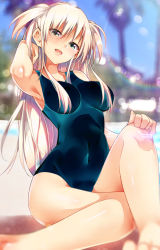 Rule 34 | 1girl, arm up, armpits, bare shoulders, barefoot, beach, blonde hair, blurry, breasts, day, depth of field, green eyes, hair over breasts, hand on own knee, large breasts, looking at viewer, one-piece swimsuit, open mouth, original, outdoors, ryouma (galley), smile, solo, swimsuit, two side up