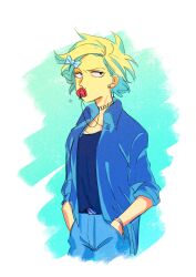 Rule 34 | 1girl, aged up, black eyes, blonde hair, blue jacket, blue shirt, bondo (doretto23), bow, bracelet, colored skin, denim, earrings, hair bow, hands in pockets, highres, jacket, jeans, jewelry, looking to the side, maggie simpson, necklace, pacifier, pants, serious, shirt, simple background, the simpsons, yellow skin