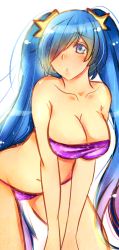 Rule 34 | 1girl, aqua hair, bare shoulders, bikini, blue eyes, blue hair, breasts squeezed together, breasts, cleavage, faux traditional media, gradient hair, highres, large breasts, league of legends, leaning forward, long hair, matching hair/eyes, multicolored hair, navel, solo, sona (league of legends), swimsuit, twintails, v arms, very long hair, xxalisa