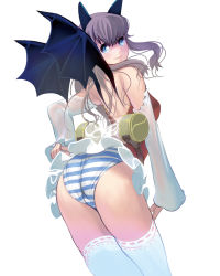 Rule 34 | 1girl, ass, blue eyes, brown hair, container, cowboy shot, demon girl, demon wings, from behind, horns, kouno (masao), long hair, looking at viewer, original, panties, simple background, smile, solo, striped clothes, striped panties, suggestive fluid, thighhighs, tube, underwear, white background, white thighhighs, wings