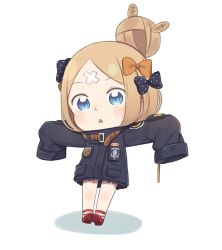 Rule 34 | 1girl, :&lt;, abigail williams (fate), abigail williams (traveling outfit) (fate), black bow, black jacket, blonde hair, blue eyes, blush, bow, crossed bandaids, fate/grand order, fate (series), full body, hair bow, hair bun, heroic spirit traveling outfit, jacket, looking at viewer, official alternate costume, orange bow, outstretched arms, parted bangs, parted lips, polka dot, polka dot bow, red footwear, shoe soles, shoes, single hair bun, sleeves past fingers, sleeves past wrists, solo, spread arms, totatokeke, triangle mouth