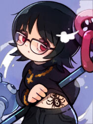 1girl :o bespectacled black_hair blinky_(hunter_x_hunter) blush_stickers dot_nose glasses highres hunter_x_hunter presenting_stomach red_eyes signature solo spider_tattoo stomach_tattoo tattoo yknsugar