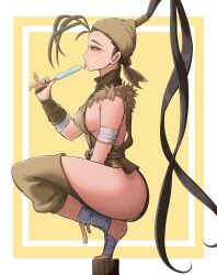 Rule 34 | 1girl, bare shoulders, black hair, breasts, food, from side, hassaku tg, highres, hip vent, ibuki (street fighter), large breasts, long hair, ninja, ponytail, popsicle, sideboob, street fighter, sweat, tongue, tongue out, very long hair