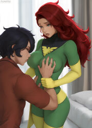 Rule 34 | 1boy, 1girl, absurdres, bedroom, bodysuit, grabbing another&#039;s breast, breasts, commission, commissioner upload, emblem, flowerxl, grabbing, grabbing another&#039;s breast, green bodysuit, green eyes, groping, groping breast, highres, jean grey, kiss, kissing breast, long hair, marvel, medium breasts, moaning, open mouth, phoenix (x-men), red hair, sash, skin tight, skin tight clothing, skin tight, thighhighs, x-men