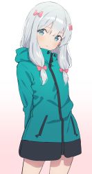 Rule 34 | 1girl, :t, arms behind back, blue eyes, bow, commentary request, eromanga sensei, gradient background, hair bow, head tilt, highres, hood, hoodie, izumi sagiri, long hair, long sleeves, looking at viewer, nekoshoko, pink bow, pout, silver hair, simple background, solo