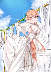 Rule 34 | 1girl, absurdres, bamul, blonde hair, blue sky, blush, breasts, closed mouth, dress, elbow gloves, from side, girls&#039; frontline, gloves, hand on own hip, hand on table, highres, lips, long hair, looking at viewer, medium breasts, official alternate costume, orange eyes, ots-14 (destined love) (girls&#039; frontline), ots-14 (girls&#039; frontline), sideboob, simple background, sky, solo, standing, table, wedding dress, white dress, white gloves