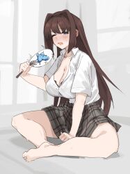 Rule 34 | 1girl, absurdres, aozaki aoko, barefoot, black bra, blue eyes, bra, bra peek, breasts, brown hair, cleavage, collarbone, collared shirt, commentary, english commentary, fanning self, grey skirt, hair intakes, hand fan, highres, hot, indian style, jonyeld, large breasts, long hair, looking at viewer, mahou tsukai no yoru, one eye closed, open mouth, plaid, plaid skirt, shirt, shirt tucked in, short sleeves, sitting, skirt, solo, sweat, underwear, white shirt