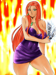 Rule 34 | breasts, cleavage, dress, fire, ghost sweeper mikami, hdkg, jewelry, large breasts, mikami reiko, necklace, orange hair, resized