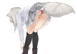 Rule 34 | 1girl, animal ears, bent over, black socks, boots, commentary, fox ears, fox tail, frilled skirt, frills, from behind, grey skirt, kneehighs, long hair, long sleeves, original, panties, pleated skirt, red panties, shirt, simple background, skirt, socks, solo, tail, underwear, waichi, white background, white shirt