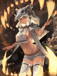Rule 34 | 1girl, absurdres, animal skull, bare arms, breasts, cape, commentary, cowboy shot, crystalherb, dark-skinned female, dark skin, facial mark, feathers, fire, full-body tattoo, green eyes, grey thighhighs, hair ornament, highres, holding, indoors, leaning forward, long hair, looking at viewer, mask, mask on head, medium breasts, navel, no bra, open mouth, original, short shorts, shorts, sideboob, sidelocks, skull mask, smile, smoke, solo, standing, stomach, tattoo, thighhighs, tribal tattoo, white hair