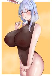 Rule 34 | 1girl, alternate costume, animal ears, bare shoulders, black leotard, blue hair, blush, border, breasts, cleavage, closed eyes, commentary request, covered navel, cowboy shot, hair between eyes, highleg, highleg leotard, highres, hololive, huge breasts, large breasts, leotard, mature female, mole, mole on thigh, multicolored hair, nipples, open mouth, pekomama, rabbit ears, rabbit girl, rabbit tail, see-through, simple background, solo, streaked hair, tail, tf cafe, thick eyebrows, virtual youtuber, white border, yellow background