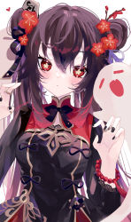 Rule 34 | 1girl, alternate costume, alternate hairstyle, arms up, black dress, black nails, black ribbon, blush, brown hair, closed mouth, collar, double bun, dress, flower, gen arare, genshin impact, ghost, ghost pose, hair between eyes, hair bun, hair flower, hair ornament, hair ribbon, high collar, highres, hu tao (genshin impact), long hair, looking at viewer, nail polish, red collar, red flower, ribbon, symbol-shaped pupils, twitter username, white background