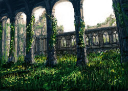 Rule 34 | absurdres, arch, day, grass, highres, landscape, mitsuaki takeuchi, no humans, original, outdoors, pillar, plant, ruins, scenery, sketch, vines