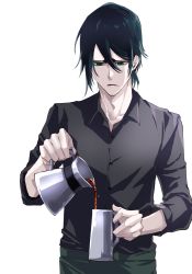 Rule 34 | 1boy, bad id, bad pixiv id, belt, black hair, black skirt, bleach, closed mouth, collarbone, collared shirt, cup, dress shirt, green eyes, hair between eyes, highres, hishui prpr, holding, holding cup, pouring, shirt, simple background, skirt, ulquiorra cifer, white background