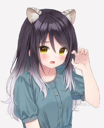 Rule 34 | 1girl, animal ear fluff, animal ears, anz32, bad id, bad pixiv id, black hair, blue shirt, blush, brown eyes, claw pose, commentary request, gradient hair, grey hair, hair between eyes, hand up, long hair, looking at viewer, multicolored hair, open mouth, princess connect!, puffy short sleeves, puffy sleeves, shiori (princess connect!), shirt, short sleeves, simple background, solo, tiger ears, twitter username, upper body, white background, yellow eyes