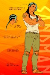 Rule 34 | 1boy, arm tattoo, black hair, braid, contemporary, crossed arms, denim, green hair, jeans, jojo no kimyou na bouken, long hair, male focus, marion-ville, multicolored hair, pants, sandals, sandman (sbr), solo, tank top, tattoo, torn clothes, torn jeans, torn pants, translation request, two-tone hair, watch, wristwatch