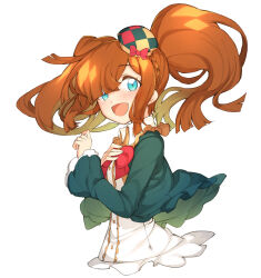 Rule 34 | 1girl, :d, blue eyes, blunt bangs, blunt ends, blush, bow, brown hair, center frills, collared shirt, commentary request, cropped torso, daia (pri chan), frills, green jacket, hair over one eye, hand on own chest, hands up, hat, highres, jacket, kiratto pri chan, long hair, long sleeves, looking at viewer, mini hat, miya kazutomo, open mouth, pretty series, red bow, shirt, simple background, smile, solo, twintails, upper body, white background, white shirt