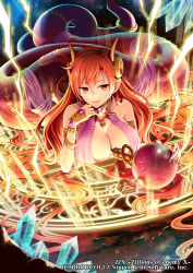 Rule 34 | 1girl, armlet, bracelet, breasts, cleavage, copyright name, crystal, hair between eyes, horns, jewelry, lamia, large breasts, long hair, magic circle, monster girl, nail polish, official art, pointy ears, red eyes, red hair, ring, ronce, solo, staff, very long hair, z/x
