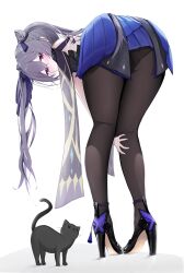 Rule 34 | 1girl, absurdres, ass, bare shoulders, bent over, black dress, black panties, black pantyhose, blush, cat, cone hair bun, detached sleeves, dress, from behind, full body, genshin impact, hair bun, hair ears, high heels, highres, keqing (genshin impact), keqing (opulent splendor) (genshin impact), leaning forward, long hair, looking at viewer, looking back, multicolored clothes, multicolored dress, nenne (sleeping), official alternate costume, panties, panties under pantyhose, pantyhose, pearl hair ornament, purple eyes, purple hair, standing, strapless, strapless dress, thighs, twintails, two-tone dress, underwear, white background