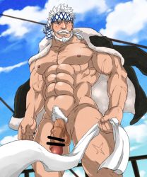Rule 34 | 1boy, abs, bar censor, bara, bare pectorals, beard, censored, cowboy shot, erection, facial hair, fundoshi removed, granblue fantasy, highres, jacket, jacket on shoulders, japanese clothes, large pectorals, male focus, manly, muscular, mustache, navel, nipples, nude, pectorals, penis, raineru (gryffindor131), scar, short hair, solo, soriz, testicles, thick thighs, thighs, white hair
