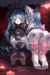 Rule 34 | 2girls, absurdres, ass, black dress, black gloves, black legwear, blue eyes, blue hair, blush, bonnet, bow, candle, closed mouth, commentary request, dress, feet, frills, from behind, frown, garter straps, gloves, gothic lolita, hairband, highres, huge filesize, indoors, lolita fashion, lolita hairband, long hair, long sleeves, looking at viewer, looking back, multiple girls, no shoes, on bed, original, panties, pantyhose, ponytail, resolution mismatch, revision, siblings, sidelocks, sitting, soles, source smaller, tattoo, thighhighs, torriet, twins, underwear, white dress, white hair, white legwear, white panties
