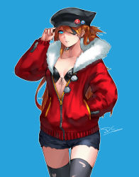 Rule 34 | 1girl, adjusting clothes, adjusting headwear, alternate costume, bikini, blue eyes, breasts, cleavage, dc (doughertyevans), eyepatch, front-tie bikini top, front-tie top, fur-trimmed jacket, fur trim, hand in pocket, hat, jacket, long hair, neon genesis evangelion, orange hair, partially unzipped, ponytail, shiny skin, skindentation, small breasts, solo, souryuu asuka langley, swimsuit, thighhighs, torn clothes, torn thighhighs, wide hips