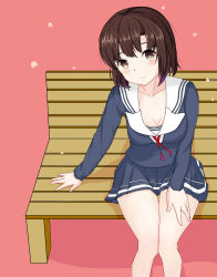 Rule 34 | 1girl, absurdres, bench, blush, breasts, brown eyes, brown hair, cherry blossoms, cleavage, highres, katou megumi, pink background, saenai heroine no sodatekata, school uniform, short hair, sitting, smile, solo, zoneky