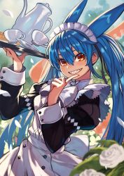 Rule 34 | 1girl, animal ears, blue hair, bow, cup, extra ears, flower, hair between eyes, highres, holding, holding tray, index finger raised, long sleeves, looking at viewer, maid, original, outdoors, red eyes, rumie, sharp teeth, smile, solo, standing, teacup, teapot, teeth, tiona, tray, twintails, white bow