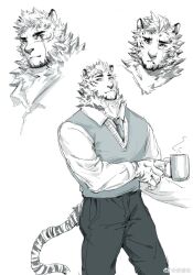 Rule 34 | 1boy, animal ears, arknights, bara, black pants, casual, collared shirt, cropped shoulders, cup, expressions, facial hair, feet out of frame, furry, furry male, goatee, grey necktie, highres, holding, holding cup, hujusheng, light smile, long sleeves, looking at viewer, male focus, mature male, mountain (arknights), mug, necktie, official alternate costume, pants, shirt, short hair, sweater, tiger boy, tiger ears, white fur, worried