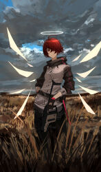 Rule 34 | 1girl, absurdres, arknights, black gloves, black pants, blurry, closed mouth, cloud, cloudy sky, depth of field, detached wings, exusiai (arknights), fingerless gloves, gloves, gun, hair over one eye, halo, hand on own hip, highres, holding, holding gun, holding weapon, jacket, kasumi yuzuha, kriss vector, long bangs, long sleeves, looking at viewer, outdoors, pants, red eyes, red hair, short hair, sky, smile, solo, submachine gun, weapon, wings