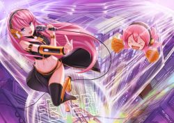Rule 34 | &gt; &lt;, 1girl, blue eyes, boots, cityscape, crazypen, closed eyes, from above, headphones, long hair, looking at viewer, megurine luka, midriff, music, navel, pink hair, pom pom (cheerleading), singing, skirt, smile, solo, takoluka, thighhighs, very long hair, vocaloid