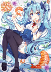 Rule 34 | 1girl, absurdres, blue eyes, blue hair, chopsticks, eating, food, hatsune miku, highres, long hair, looking at viewer, mary janes, shanguier, shoes, shrimp, solo, thighhighs, twintails, very long hair, vocaloid