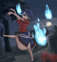 Rule 34 | absurdres, beret, blue eyes, blue hair, cloud, flower, ghost, graveyard, hat, highres, hoshifune, jiangshi, looking at viewer, miyako yoshika, moon, night, ofuda, open mouth, outstretched arms, shirt, short hair, short sleeves, skirt, spider lily, touhou, tree, wide sleeves, zombie pose