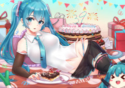 Rule 34 | 1girl, absurdres, birthday, black skirt, blue eyes, blue hair, blue necktie, blue panties, blush, breasts, cake, cake slice, detached sleeves, food, fork, happy birthday, hatsune miku, highres, large breasts, long hair, looking at viewer, lying, navel, necktie, on side, panties, parted lips, plate, skirt, solo, striped clothes, striped panties, tie clip, twintails, underwear, vocaloid, w-verne, white panties