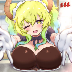 Rule 34 | 1girl, alternate costume, blonde hair, blurry, blurry background, blurry foreground, breast rest, breasts, breasts on tray, chocolate, chocolate on body, chocolate on breasts, cleavage, dot nose, eyelashes, female focus, food on body, gloves, green hair, highres, incoming hug, kobayashi-san chi no maidragon, large breasts, lucoa (maidragon), maid, maid headdress, one eye closed, open mouth, plate, reiwa rerere, shiny skin, smile, solo, twintails, upper body, white gloves, wink