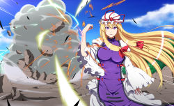 Rule 34 | 1girl, absurdres, armband, blue sky, bow, breasts, cloud, commentary request, day, debris, dress, explosion, female focus, fingernails, grin, ground shatter, hair bow, hand up, hat, hat ribbon, highres, kyoukyan, large breasts, long hair, long sleeves, looking at viewer, mob cap, nail polish, puffy long sleeves, puffy sleeves, ribbon, rock, sky, smile, solo, standing, tabard, touhou, tree, very long hair, white dress, wide sleeves, wind, yakumo yukari