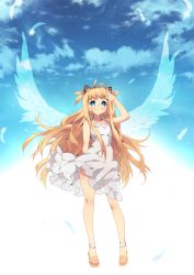 Rule 34 | 1girl, bare shoulders, blonde hair, blue eyes, blue sky, blush, btoor, contrapposto, dress, feathers, frills, greek toe, hair ornament, highres, long hair, robot ears, sandals, see-through, seeu, skirt, sky, solo, standing, toes, two side up, very long hair, vocaloid, white dress, white skirt, wings