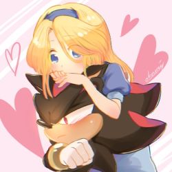 Rule 34 | 1boy, 1girl, blonde hair, blue eyes, blue hairband, bracelet, furry, furry male, furry with non-furry, gloves, hairband, heart, interspecies, jewelry, long hair, lowres, maria robotnik, red eyes, shadow the hedgehog, sonic (series), tondamanuke, tsundere, upper body, white gloves