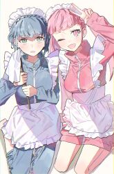 Rule 34 | 2girls, alternate costume, apron, bags under eyes, blue hair, blue jacket, blunt bangs, blush, braid, commentary request, crown braid, duster, enmaided, female focus, fire emblem, fire emblem: three houses, frilled apron, frills, highres, hilda valentine goneril, holding, holding duster, jacket, jersey maid, long hair, long sleeves, looking at viewer, maid, maid apron, maid headdress, marianne von edmund, matching hair/eyes, multiple girls, nintendo, nmnm2332chan, one eye closed, open mouth, pants, pink eyes, pink hair, pink jacket, short hair, simple background, smile, track jacket, twintails, unconventional maid, v, waist apron, white apron, white background, wink