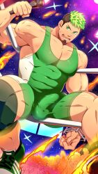 Rule 34 | 1boy, bara, black hair, bulge, erection, erection under clothes, facial hair, goatee, green eyes, green hair, holding, holding microphone, ikusaba daisuke, large pectorals, male focus, mazjojo, microphone, multicolored hair, muscular, muscular male, open mouth, paid reward available, pectorals, sitting, solo, thick thighs, thighs, tokyo houkago summoners, two-tone hair, wrestling outfit