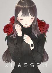 Rule 34 | 1girl, bad id, bad pixiv id, black sweater, brown hair, closed eyes, commentary, earrings, english commentary, facing viewer, flower, grey background, hands up, highres, jewelry, klasse14, long hair, long sleeves, mole, mole under eye, original, parted lips, red flower, red rose, ribbed sweater, rose, shii (kairi-t-k0317), simple background, solo, sweater, turtleneck, turtleneck sweater, upper body, watch, wristwatch