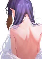 Rule 34 | 1girl, absurdres, bare back, breasts, dated, from behind, gradient hair, hair over shoulder, hashtag-only commentary, highres, hololive, hololive english, long hair, multicolored hair, nape, ninomae ina&#039;nis, orange hair, partially undressed, pointy ears, purple hair, sideboob, sidelocks, simple background, solo, tentacle hair, twitter username, upper body, valtaur tw, virtual youtuber, white background