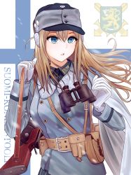 Rule 34 | 1girl, bad id, bad pixiv id, binoculars, blonde hair, blue eyes, coat of arms, earmuffs, finnish flag, finnish text, girls&#039; frontline, gloves, gun, hat, highres, load bearing equipment, long hair, military, military hat, military uniform, solo, submachine gun, suomi (girls&#039; frontline), suomi kp/-31, turisasu, uniform, weapon