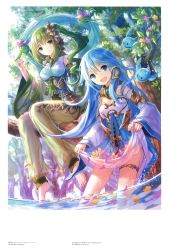 Rule 34 | 2girls, absurdres, barefoot, bird, blue eyes, blue hair, breasts, cleavage, detached sleeves, feet, floating hair, flower, forest, fuzichoco, green eyes, green hair, hair flower, hair ornament, highres, huge filesize, long hair, medium breasts, multiple girls, nature, open mouth, original, scan, see-through, side ponytail, sitting, skirt hold, small breasts, smile, soaking feet, thigh strap, toes, tree, very long hair, wet, wet clothes, yellow flower